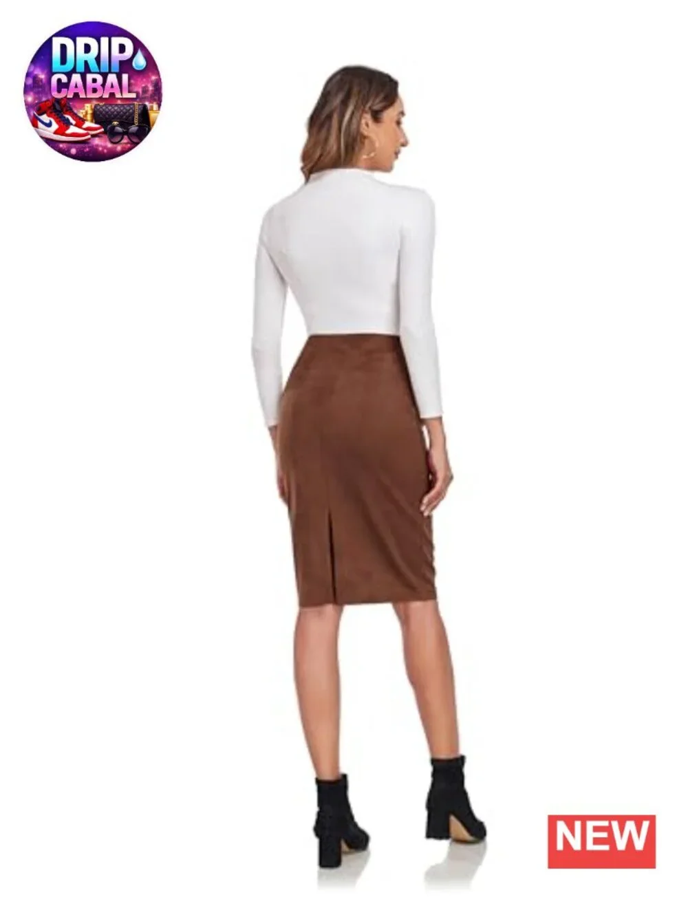 Faux Suede Pencil Skirt Midi Elastic Waist Work Casual